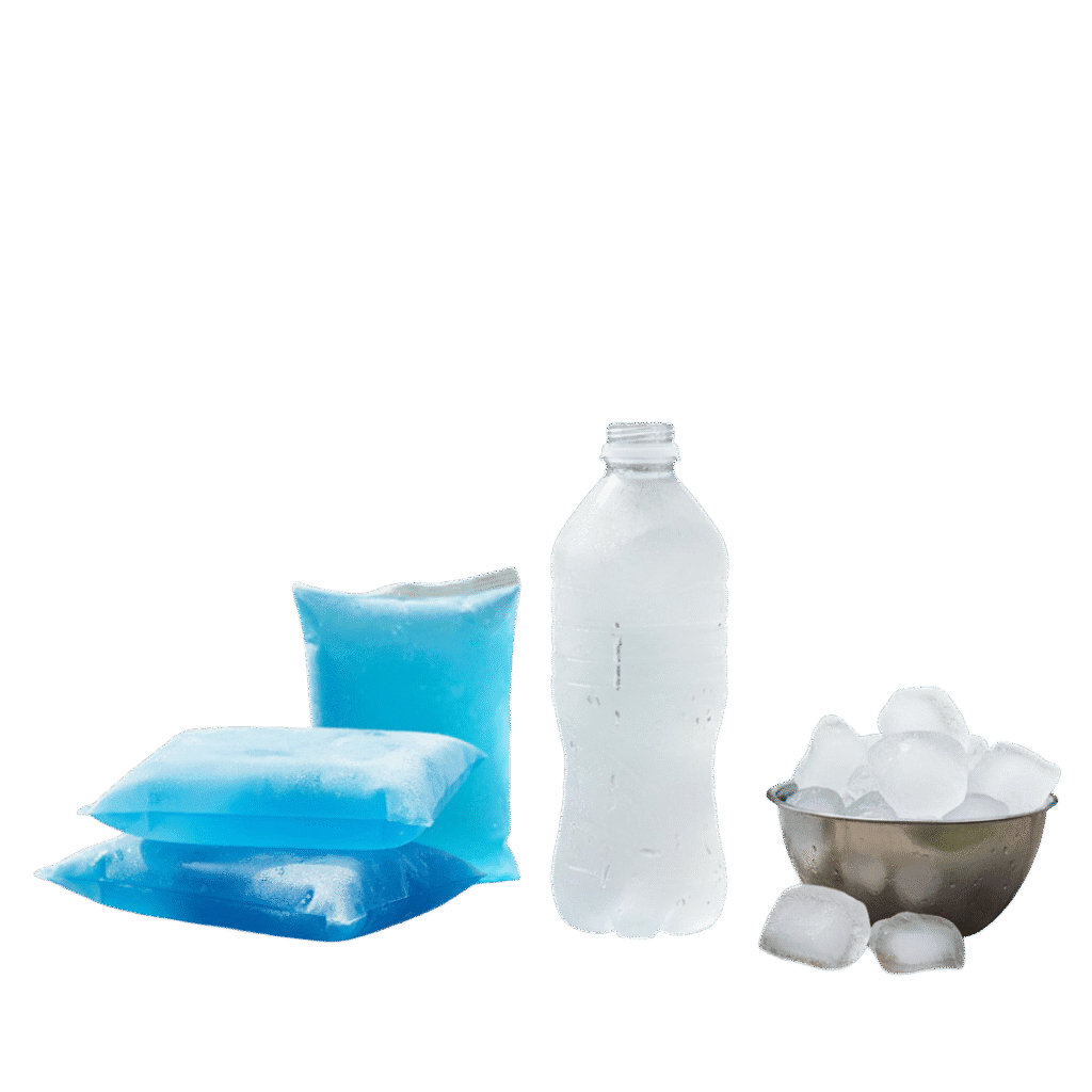Gel Ice Packs, frozen water bottle and ice cubes