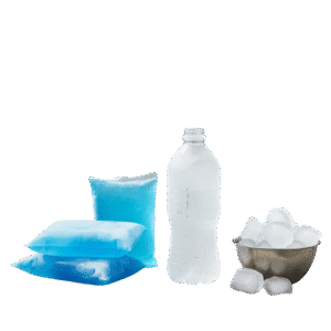 Gel Ice Packs, frozen water bottle and ice cubes